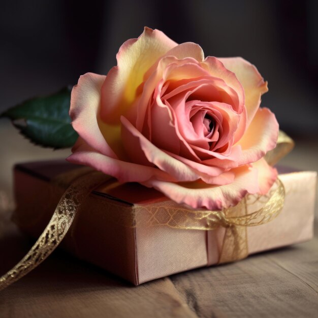 A rose is tied to a box with a gold ribbon.