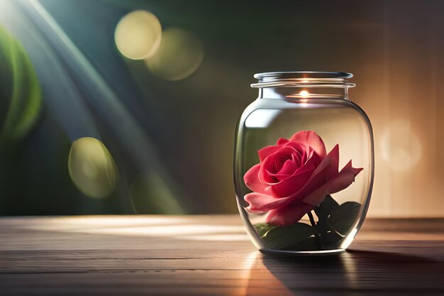 A rose in a jar with a light behind it