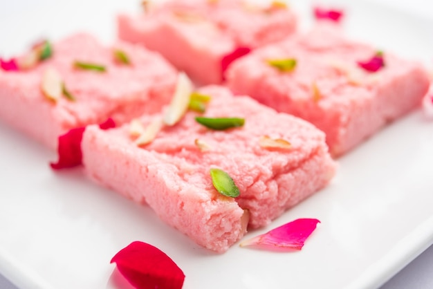 Rose Kalakand pink barfi or burfi also known as flavoured Mishri Mava Or Khoa Milkcake mithai