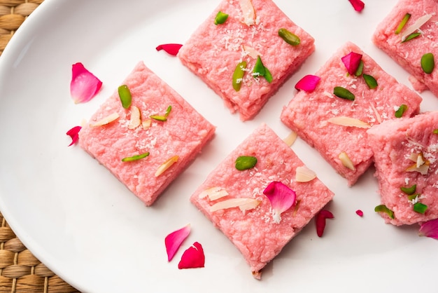 Rose Kalakand pink barfi or burfi also known as flavoured Mishri Mava Or Khoa Milkcake mithai