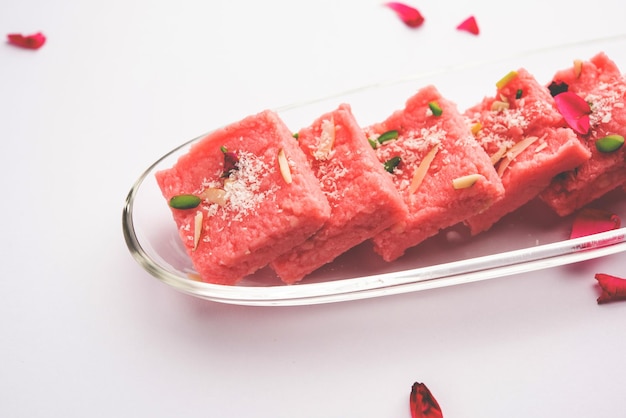 Rose Kalakand pink barfi or burfi also known as flavoured Mishri Mava Or Khoa Milkcake mithai