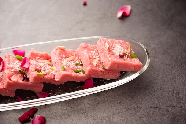 Rose Kalakand pink barfi or burfi also known as flavoured Mishri Mava Or Khoa Milkcake mithai