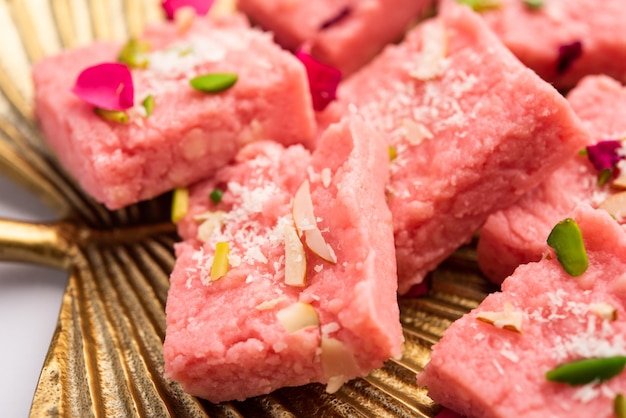 Rose Kalakand pink barfi or burfi also known as flavoured Mishri Mava Or Khoa Milkcake mithai