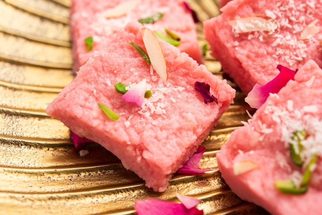 Rose Kalakand pink barfi or burfi also known as flavoured Mishri Mava Or Khoa Milkcake mithai