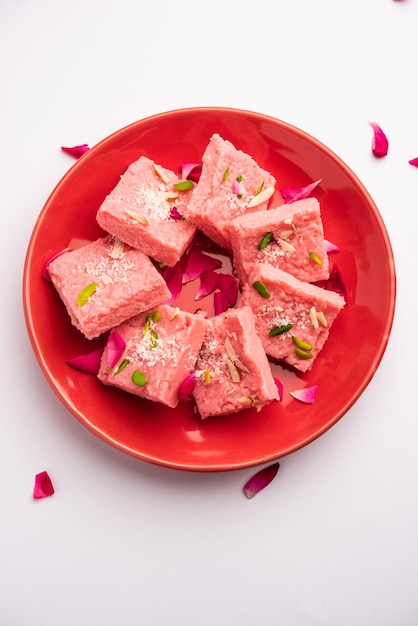 Rose Kalakand pink barfi or burfi also known as flavoured Mishri Mava Or Khoa Milkcake mithai