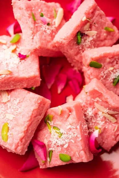 Rose Kalakand pink barfi or burfi also known as flavoured Mishri Mava Or Khoa Milkcake mithai