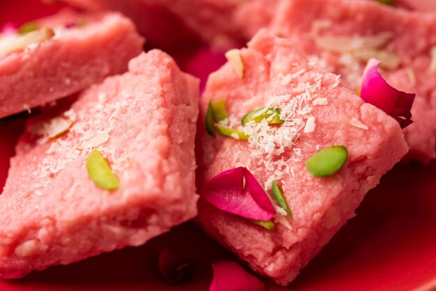 Rose Kalakand pink barfi or burfi also known as flavoured Mishri Mava Or Khoa Milkcake mithai