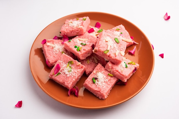 Rose Kalakand pink barfi or burfi also known as flavoured Mishri Mava Or Khoa Milkcake mithai