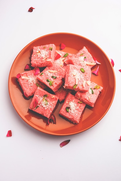 Rose Kalakand pink barfi or burfi also known as flavoured Mishri Mava Or Khoa Milkcake mithai