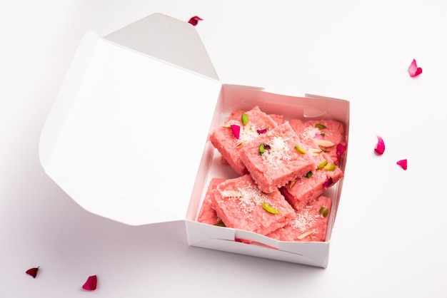 Rose Kalakand pink barfi or burfi also known as flavoured Mishri Mava Or Khoa Milkcake mithai