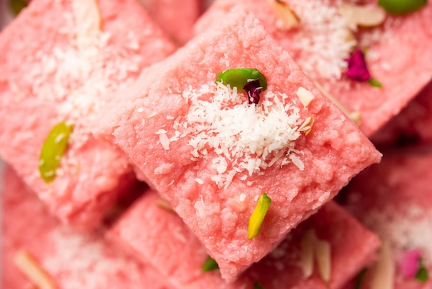 Rose Kalakand pink barfi or burfi also known as flavoured Mishri Mava Or Khoa Milkcake mithai