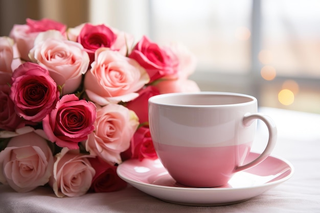 Rose Kingdom Bouquet of roses with a cup of coffee on the table