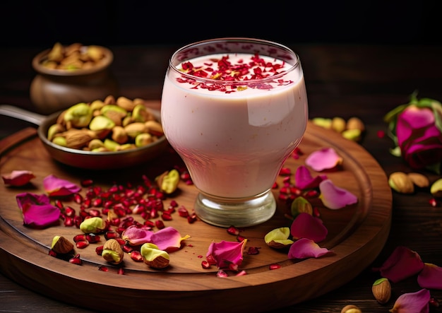 Foto un lassi alla rosa guarnito con petali di rosa e pistacchi