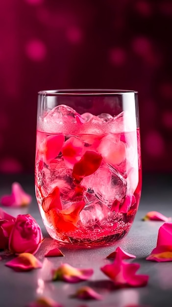 Rose lemonade with ice and fresh roses petals generative ai