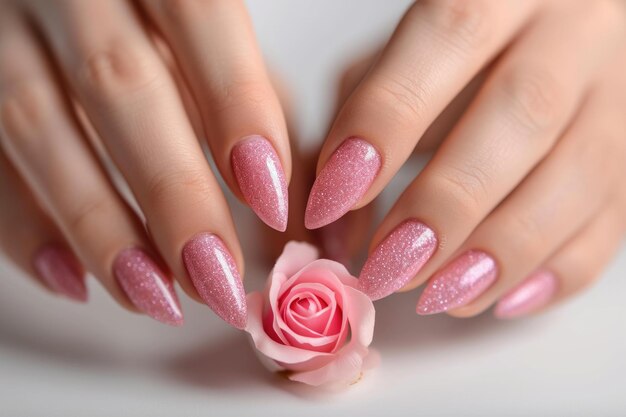 Photo rose nail design with pink glitter polish on white background