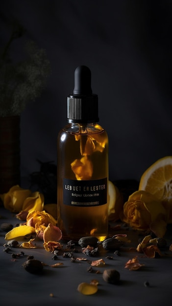 Rose oil with orange peels and dried herbs Generative AI image