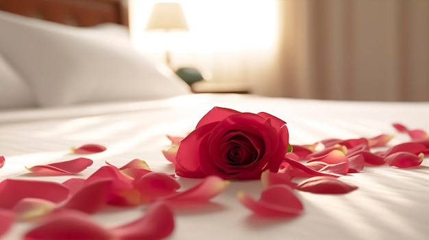 Rose op het bed in de hotelkamers Rose en haar bloemblaadjes op het bed voor een romantische avond huwelijksreis concept AI Generative