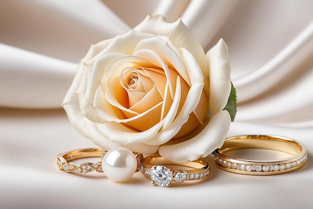 Розовое жемчужное ожерелье и обручальные кольца на белом атласе