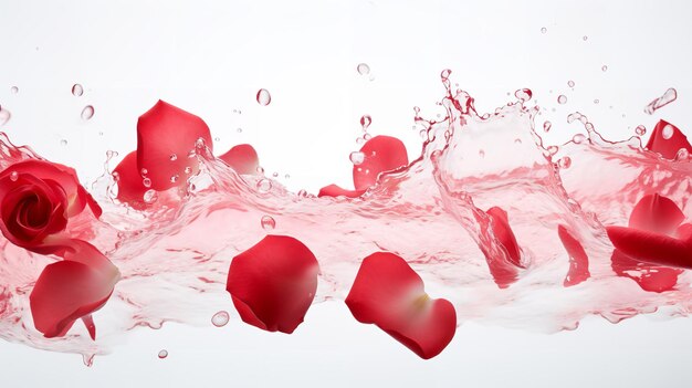 Photo rose petals falling on white backdrop water splashing generative ai