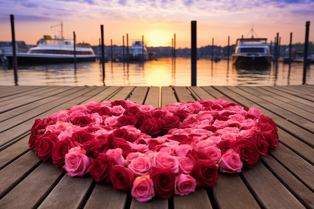 Photo rose petals forming a heart shape on a wooden dock