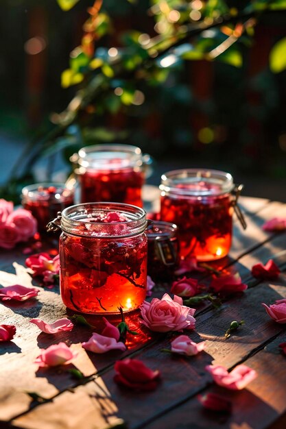 Rose petals jam in a jar Selective focus