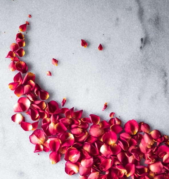 Лепестки роз на мраморном фоне, цветочный декор и свадебный плоский праздничный фон для поздравительной открытки для ...