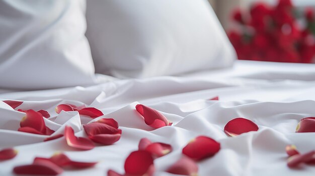 rose petals sprinkled on clean white bed sheet