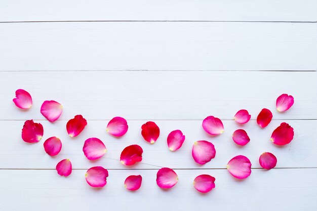 Foto petali di rosa su fondo di legno bianco.