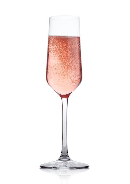 Rose pink champagne glass with bubbles isolated