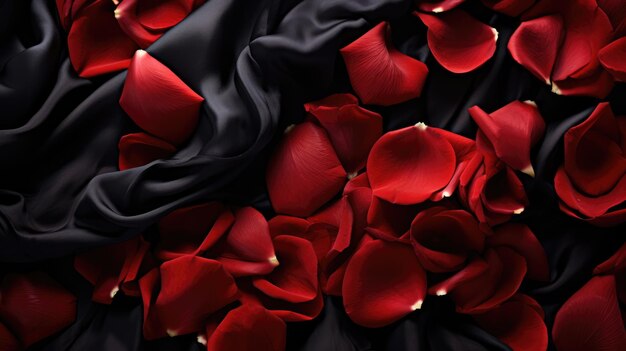 Photo rose rose petals scattered over black silk satin bed sheets romantic visual