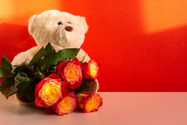 Rose's teddy bear. The concept of festive mood, recognition of feelings and love. Birthday gift