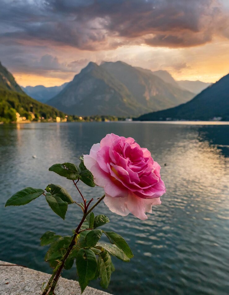Photo a rose that is outside with mountains in the background