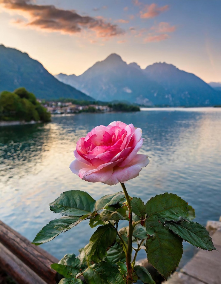 Photo a rose that is outside with mountains in the background