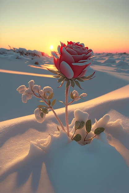 Rose that is sitting in the snow generative ai