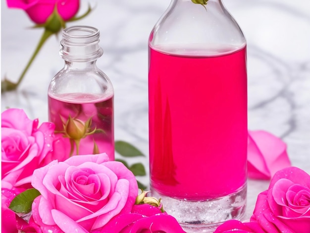 Rose water and rose flowers