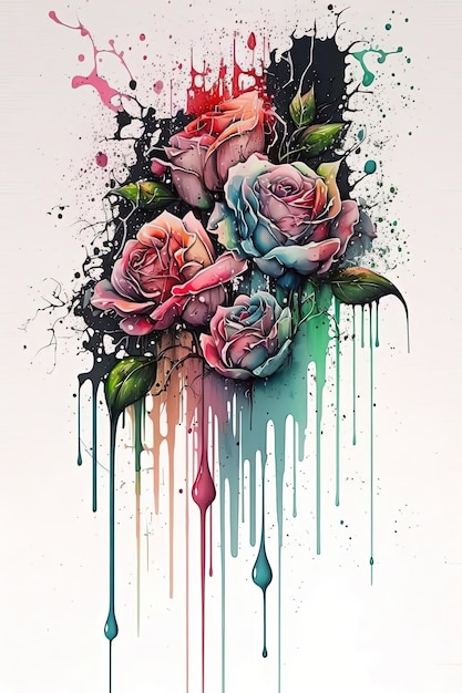 Rose in watercolor painting with paint dripping Generative Ai