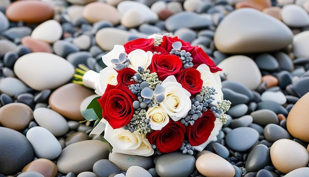 Photo rose wedding bouquet on beach pebbles