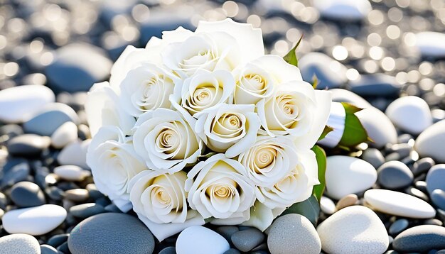 rose wedding bouquet on beach pebbles