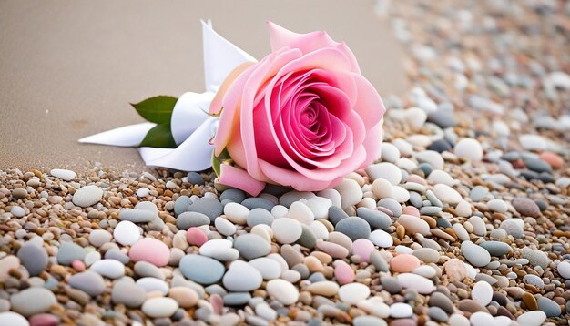 rose wedding bouquet on beach pebbles