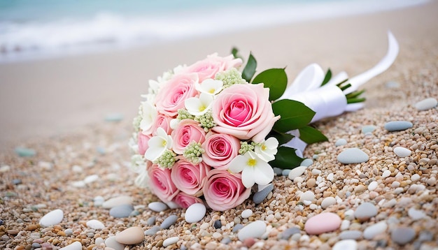 rose wedding bouquet on beach pebbles