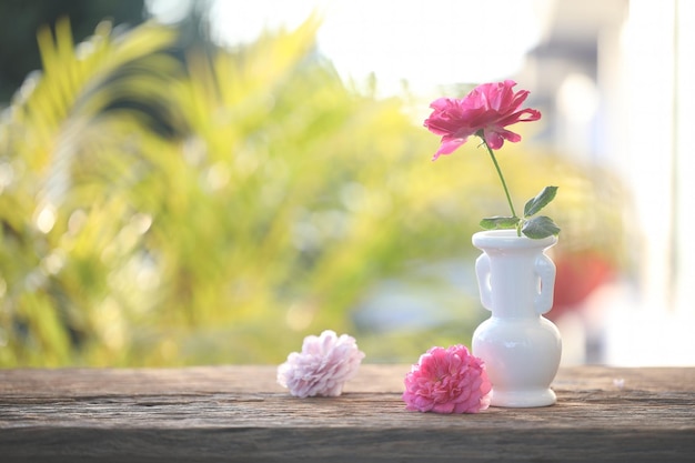 Rose in white vase on wooden table