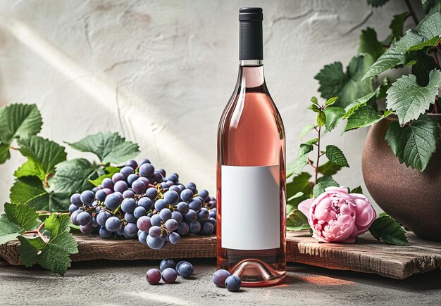 Фото Бутылка розового вина с пустой этикеткой и цветами в естественном дневном свете мокет