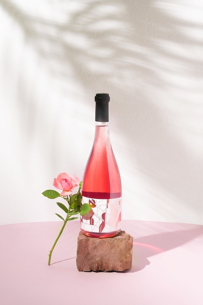 赤い石の上のロゼワインボトルと夏の影のある白い壁にピンクのバラ1本。さわやかなアルコールの夏の飲み物や自然のコンセプト。