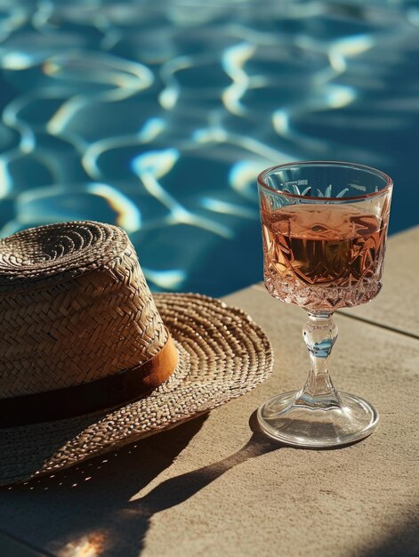 Rose wine in glass by straw hat on the edge of blue swimming pool Vacation time concept