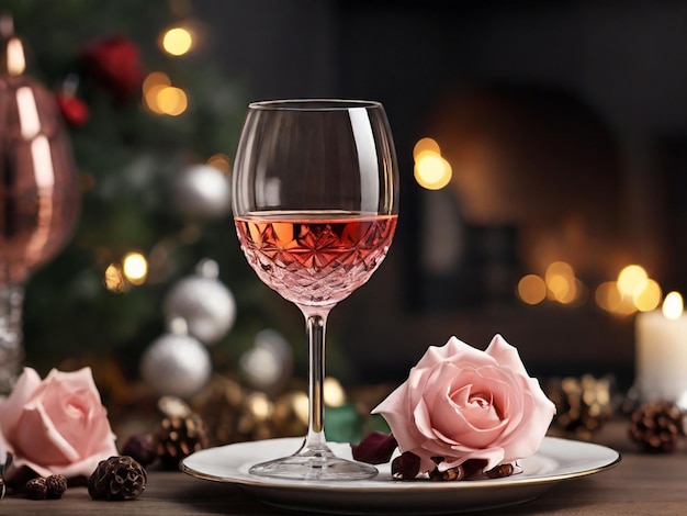 Rose wine glass on christmas table digital Ai