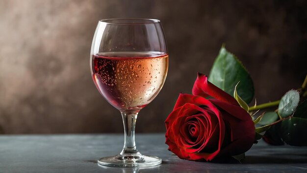 Foto vaso di rose e vino su superficie riflettente su sfondo scuro