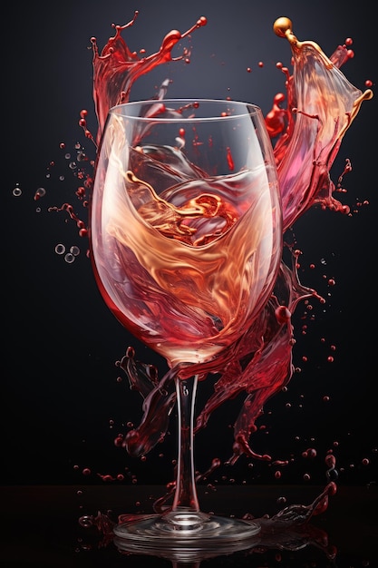 Rose wine in a glass with splash on dark background Food alcohol