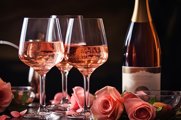 Rose wine in glasses and red spring blossom flowers bouquet over rustic wooden table background