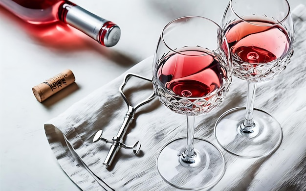 Розовое вино в бокалах на белой льняной ткани