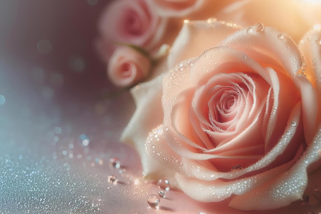 Роза с каплями росы на ней окружена блеском